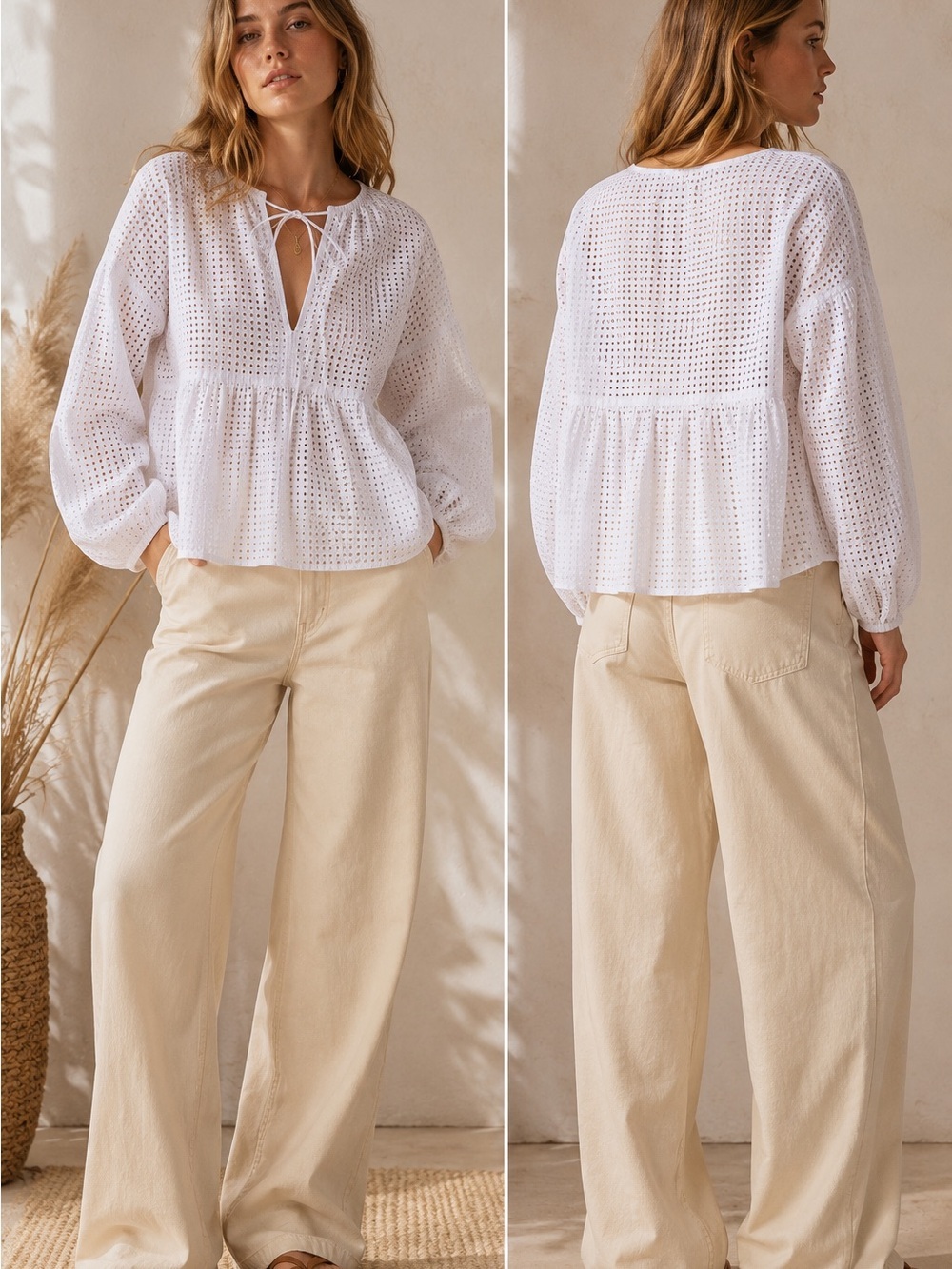 New! SAMSOE SAMSOE Royasine White Eyelet Organic Cotton Peasant Blouse 🤍 M/L